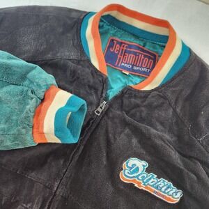 Jeff Hamilton 1999 Miami Dolphins Suede‎ Leather Pro Sport Jacket men medium VTG